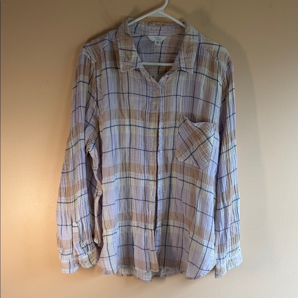 Time and Tru Women's Plaid Button-Down Shirt - Beige & Blue